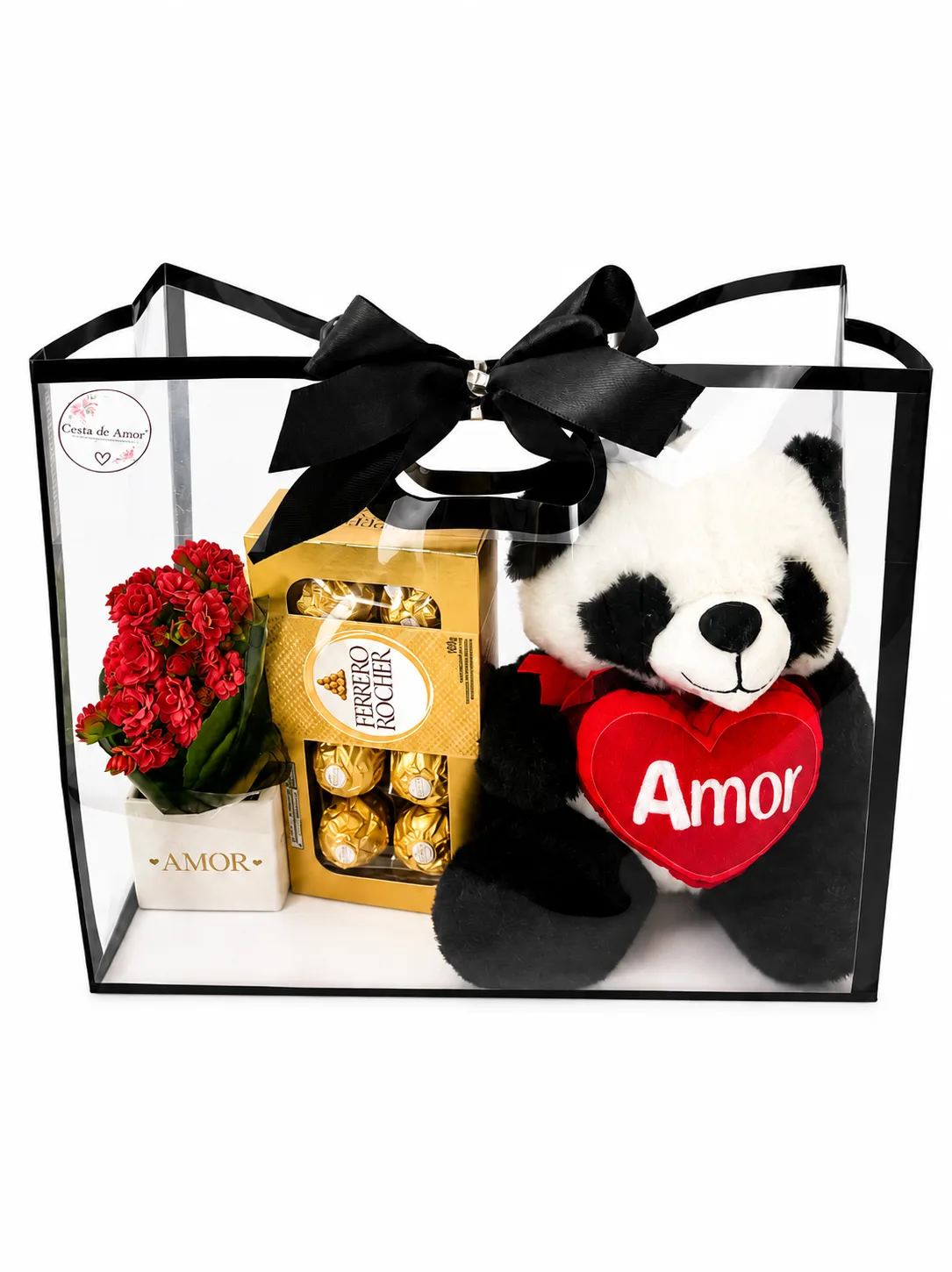 Bag Transparente com Panda Amor, Ferrero Rocher e Vaso Amor