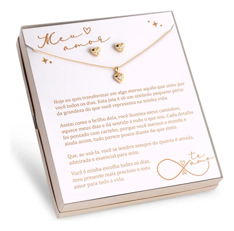 Presente De Amor Namorada Colar E Brinco Banhado A Ouro 18k