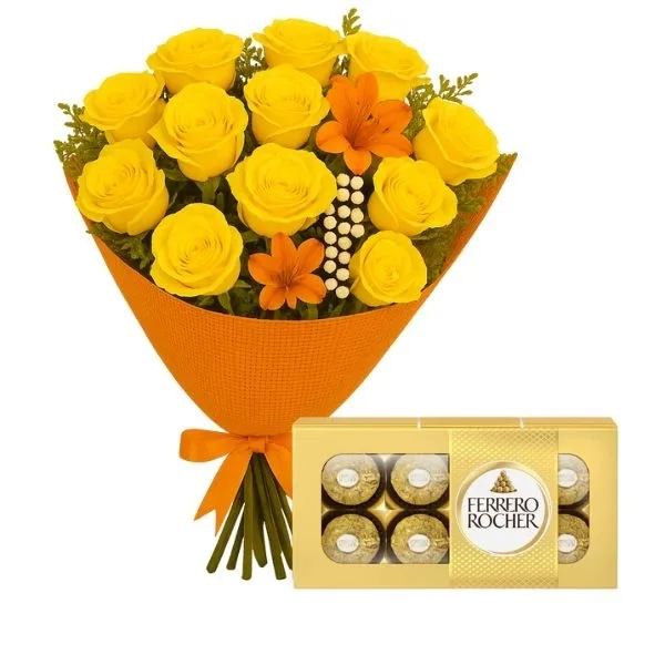 Buquê De 12 Rosas Amarela Com Chocolate