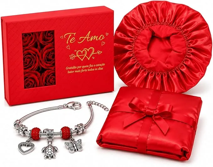 Kit Presente Dia dos Namorados com Pulseira Ajustável Caixa com Rosas Touca de Cetim e Sacola Premium