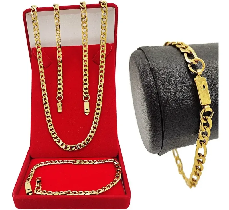 Corrente Masculina 60cm Grumet Banho Ouro 18k + Pulseira