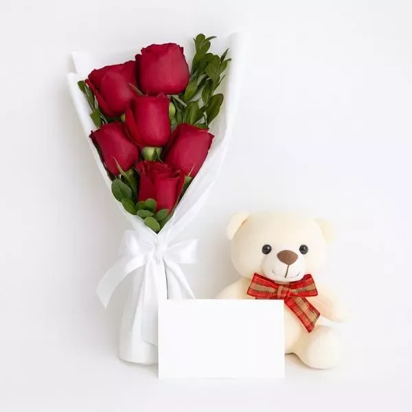 Buquê Com 6 Rosas Vermelhas E Urso De Pelúcia