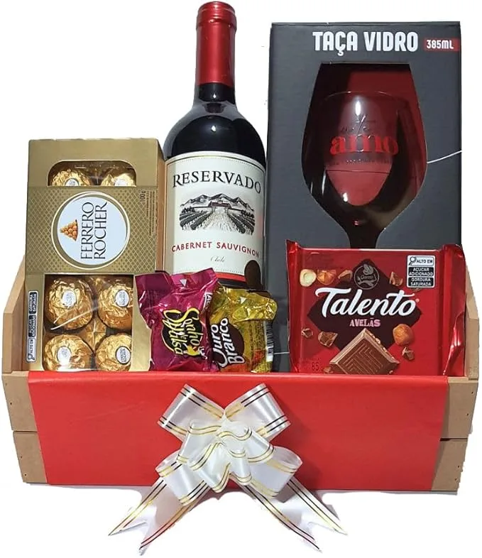 Cesta De Presente Namorados Com Vinho, Chocolates E Taça Te Amo