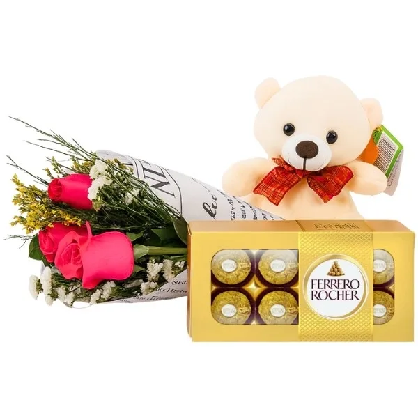 Ramalhete De Rosas Com Chocolate E Pelúcia