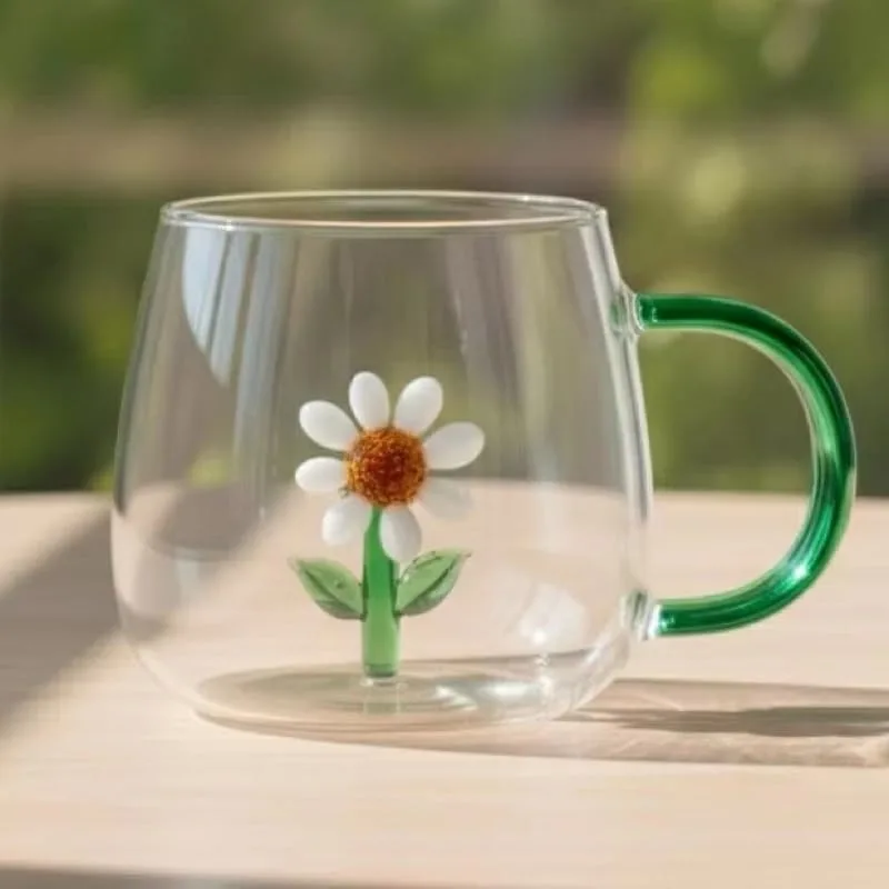 Caneca de Vidro Transparente com Detalhe 3D Margarida 400ml