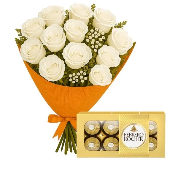 Buquê De 12 Rosas Branca Com Chocolate