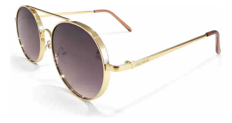 Óculos de Sol Redondo Polo Wear de Metal Dourado com Lente Degradê