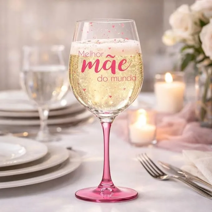 Taça de Vinho Dia das Mães, Haste Rosa, Estampa 'Melhor mãe do mundo