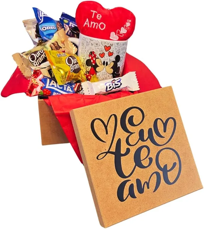 Cesta de Chocolates Romântica, Presente Dia dos Namorados, Te Amo Mickey e Minnie, com Bombons Sortidos (Eu Te Amo Minnie Mickey)