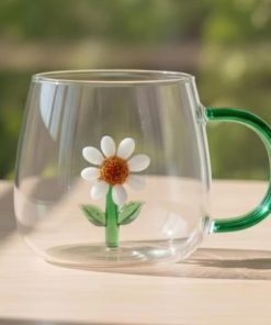Caneca de Vidro Transparente com Detalhe 3D Margarida 400ml