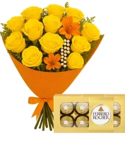Buquê De 12 Rosas Amarela Com Chocolate
