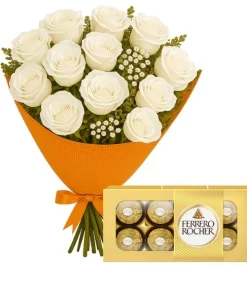 Buquê De 12 Rosas Branca Com Chocolate
