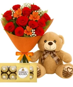 Buquê De 12 Rosas Vermelha Com Pelúcia E Chocolate