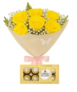 Buquê De 6 Rosas Amarela E Ferrero Rocher