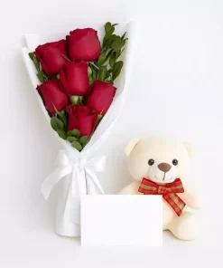 Buquê Com 6 Rosas Vermelhas E Urso De Pelúcia