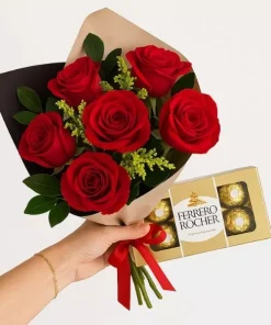 Buquê De 6 Rosas Vermelhas Com Ferrero Rocher