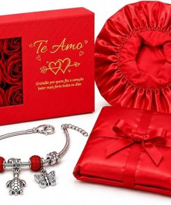 Kit Presente Dia dos Namorados com Pulseira Ajustável Caixa com Rosas Touca de Cetim e Sacola Premium