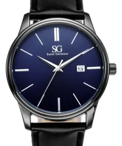 Relógio Masculino Preto Saint Germain Correia De Couro Preto Caixa Preta Fundo Azul Marinho