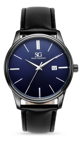 Relógio Masculino Preto Saint Germain Correia De Couro Preto Caixa Preta Fundo Azul Marinho
