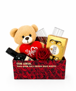 Caixa Romântica com Vinho, Ferrero Rocher, Rosa e Ursinho de Pelucia