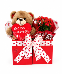 Cesta Eu Te Amo com Ursinho, Kalanchoe Vermelha e KitKat