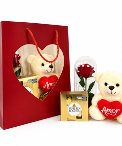 Sacola Coração com Ursinho Amor, Rosa na Cúpula e Ferrero Rocher